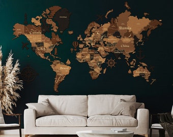 3D Wood World Map, 3D Map To Mark Trips With Wooden Markers, Rustic Push Pin Map, Large Family Travel Map, Wood World Map Decal