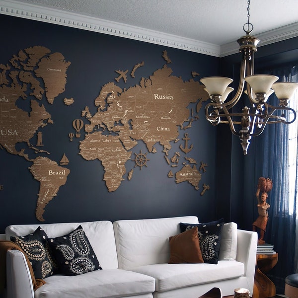 Grote wereldkaart wandkleden, houten wereldkaart met randen, landen gegraveerd, push pin wereldkaart, cadeau voor baas, vergaderruimte muur decor