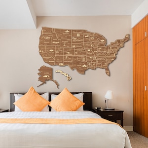 Carte des États-Unis, oeuvre d'art murale en bois pour bureau à domicile, carte des États-Unis avec punaises, carte des États-Unis 3D en bois avec monuments célèbres