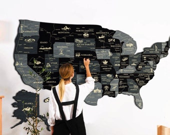 Push Pin US Wall Map, Large Wooden 3D USA Map With Famous Landmarks, Great Travel Gift
