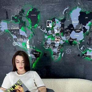 Wereldkaart met ledverlichting, punaise wereldkaart, led-wereldkaart, houten wereldkaart muurdecor, houten kaart, kunst aan de muur decor, houten wereldkaart