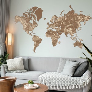 Mapa del mundo de madera clara, arte de pared del mapa del mundo de madera, mapa de pared de decoración de pared, arte de pared de madera, ideas únicas de decoración del hogar, pegatinas de pared grandes