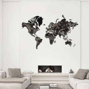 Extra grote zwarte houten kaart van de wereld, handgemaakte houten wereldkaart, houten muur wereldkaart, vintage wereldkaart, 3D-muurstickerkaart