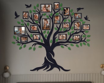 Árbol genealógico de madera con marcos de fotos, árbol genealógico grande, regalo para el séptimo aniversario de bodas, marcos de fotos tipo collage