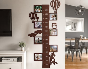 Wood Height Meter With Photo Frames, Photo Wall Collage, Nursery Room Art, Wood Growth Chart, 1st Birthday Gift, Christmas Gift
