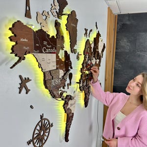 3D-wereldkaart wanddecoratieverlichting, wereldkaart met led, wereldkaart met verlichting, 3D-wereldkaart hout, 3D-wereldkaart kunst aan de muur, 3D-wereldkaart met led