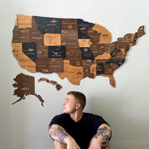 3D-Karte der Vereinigten Staaten mit Hauptstädten, Karte der Vereinigten Staaten, Hölzerne Wandkarte, Landkarte aus Holz, Landkarte aus Holz, US-Landkarte Wohnkultur