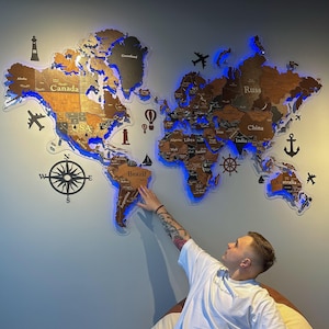 Wereldkaart wereld, led-wereldkaart, 3D-kaart kunst aan de muur, kaart van de wereld, 3D houten wereldkaarten, wereldkaart met led-verlichting, wereldkaart met pinnen
