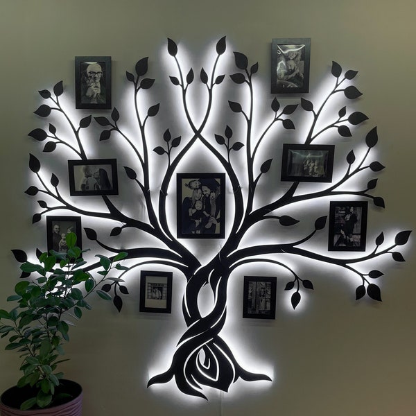 Large Family Photo Collage With Led Light, Wooden Photo Frames, Wood Family Tree, Led Wall Decor