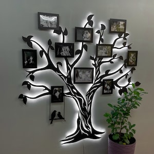 Led Family Tree, Large Family Photo Collage, Wooden Family Tree With Photo Frames And Led Lighting