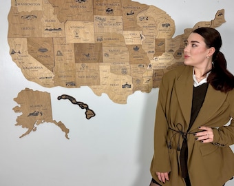 アメリカ旅行地図、押しピン地図、アメリカ合衆国木製地図、アパートの