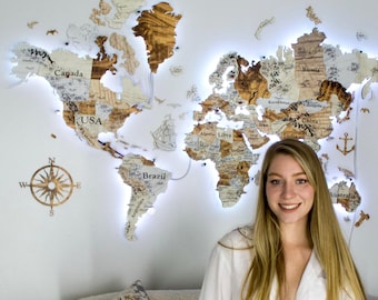Mapamundi de madera LED, Mapamundi iluminado LED, Mapamundi LED con chinchetas y banderas, Mapa con retroiluminación LED, Mapa 3D del mundo con iluminación LED