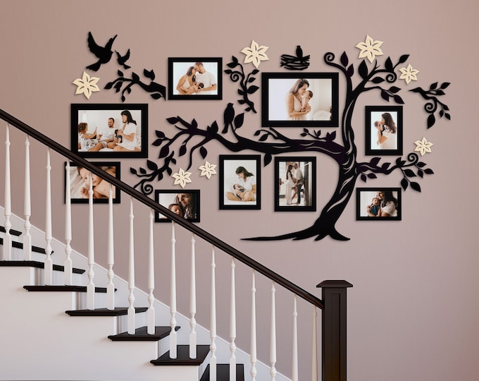 Family Tree With Photo Frames,Large family wall tree,Wooden family tree sign,Wood Living Room Decor, Family Tree Art, Collage Picture Frames