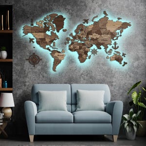 Push Pin Wall Light Map, 3D LED RGB Map of the World, 3D Wood Family ...