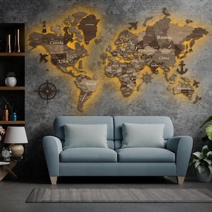 3D led-wereldkaart, 3D-kaart met achtergrondverlichting, houten reiskaart, punaisekaart, cadeau voor familie, verlichte wereldkaart