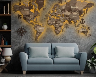 Mappa del mondo a LED 3D, mappa retroilluminata 3D, mappa di viaggio in legno, mappa con puntine, regalo per la famiglia, mappa del mondo illuminata