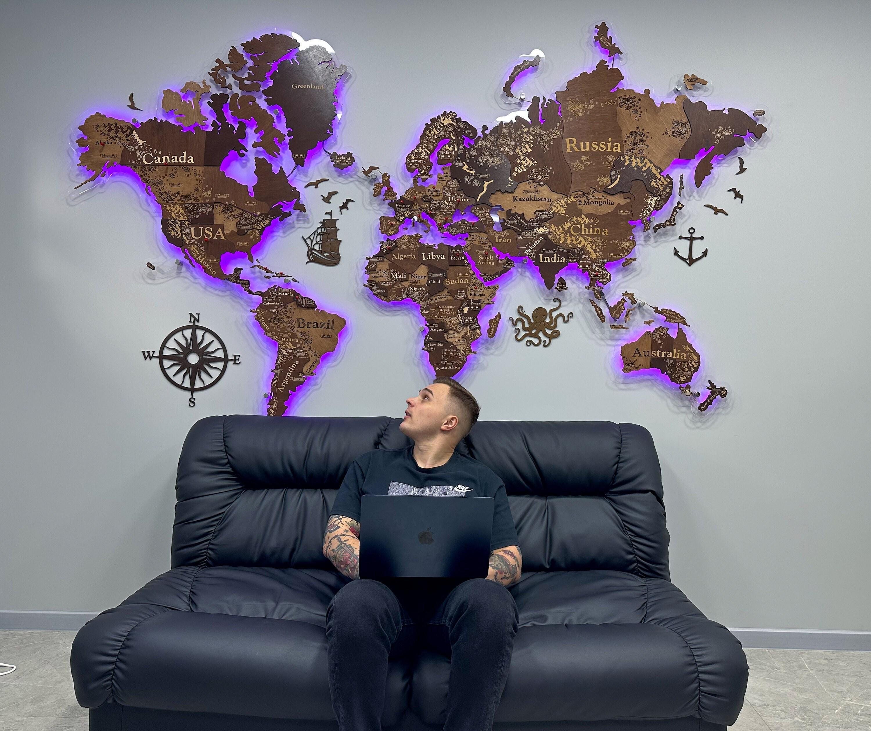 3D LED Wooden Map Of The World, Neon Map Wall Sign, RGB LED 3D Wooden World Map, Boss Anniversary Gift, Present For Parents
