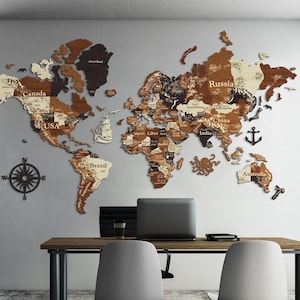 Houten 3D-kaart van de wereld, houten reiskaart met punaise, XXL-kaartkunst aan de muur, houten wereldkaart, lasergesneden kaart met hoofdsteden en randen van het land
