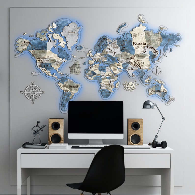 3D LED Wooden Map of the World Led 3D Wall Map Art Wooden Etsy