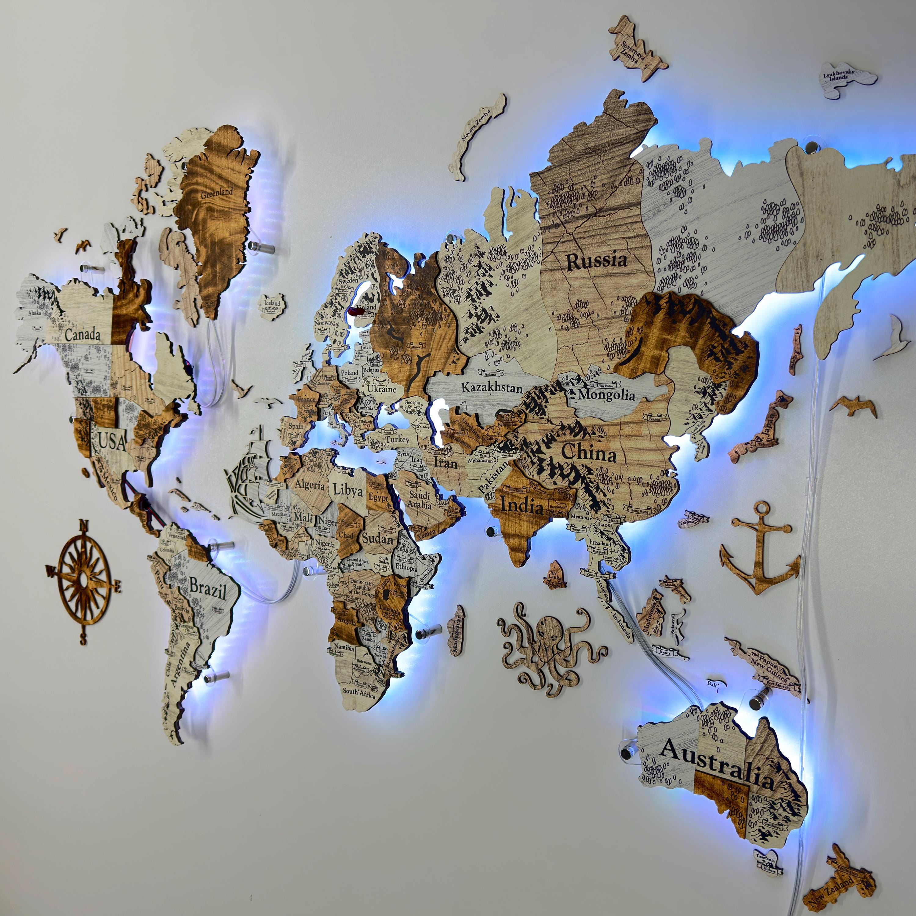 Led Wooden World Map, Led World Map Illuminated, Led World Map and Flag ...