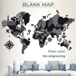 May include: A wooden world map in shades of gray and black, with decorative elements like airplanes, a compass, and an anchor. The text "BLANK MAP" is at the top, and "Plain color No engraving" is at the bottom. The map is mounted on a white wall.