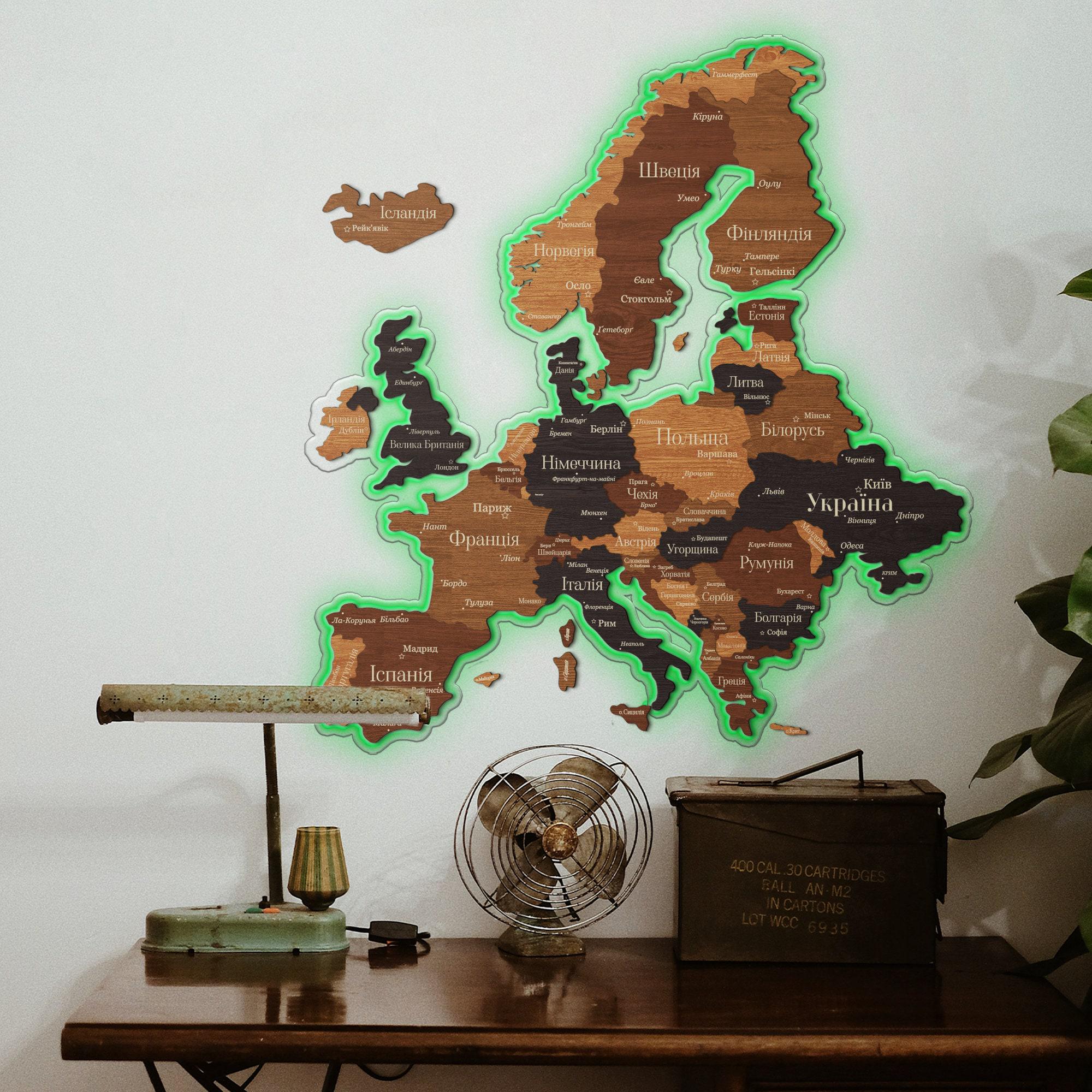 Small Map Light RGB LED Light Wall Map, Wooden Map Wall Art Illuminated, 3D Map of ...