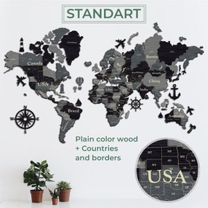 May include: A wooden world map with plain color wood and country borders. The map is in shades of gray and black, with the text "STANDART" at the top. Decorative elements include a compass, airplane, and anchor.