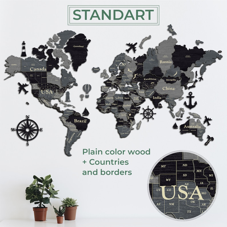 May include: A wooden world map with plain color wood and country borders. The map is in shades of gray and black, with the text "STANDART" at the top. Decorative elements include a compass, airplane, and anchor.