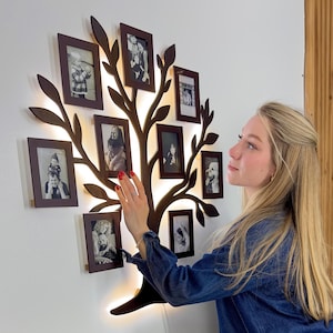LED tree wall, Family photo collage frame for wall, Wood family tree with led, Family tree with lights, Wooden family tree leaf