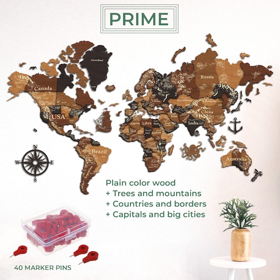 3D Wooden World Map, Wood Push Pin Travel Map, XXL Map Wall Art