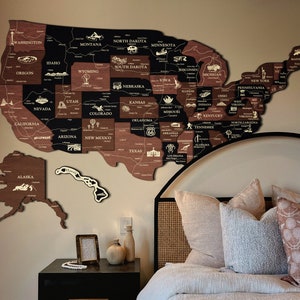 Grande carte murale des États-Unis avec des épingles, carte des États-Unis 3D en bois avec monuments célèbres, excellent cadeau de voyage