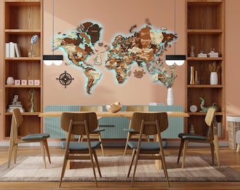 Mappa luminosa da parete in legno 3D, mappa da parete a LED RGB, grande mappa del mondo in legno, regalo per il 25° anniversario, mappa del mondo dell'aula universitaria