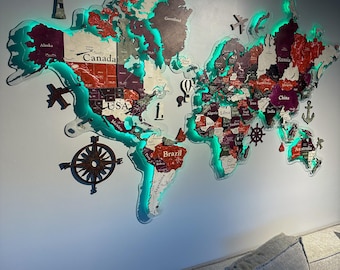 Mapa del mundo 3D con luz LED, mapa con chinchetas, mapa del mundo iluminado, mapa de viaje de madera, mapa 3D con retroiluminación, regalo para la familia