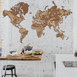 Extra grote houten wereldkaart, handgemaakte houten kaart van de wereld, muurkaart voor op kantoor, push pin wereldkaart