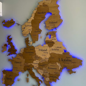 Mapa Europy 3D LED, Mapa Ścienna, Mapa Europy 3D, Mapa Ścienna RGB LED, Drewniana Mapa Podróży z Pinezką