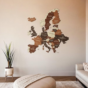 Holz Reisekarte, XXL Karte Wandkunst, 3D Holzkarte Europa, Laser geschnittene Landkarte mit Hauptstädten und Landesgrenzen