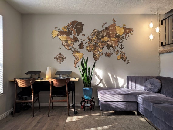 3D Wooden World Map with push pins - Living room