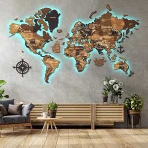 Carte du monde avec éclairage LED, carte en bois avec punaises, carte 3D avec rétroéclairage LED, carte de voyage de famille en bois LED RVB 3D, cadeau d'anniversaire de patron
