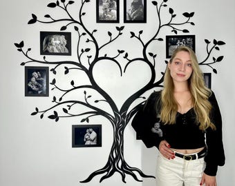 Family tree wall art with hanging hearts, Photo frames for wall, Wooden Tree of Life, Custom Family Tree, Family tree wall decal