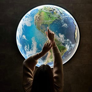 a person standing in front of a window looking at the earth