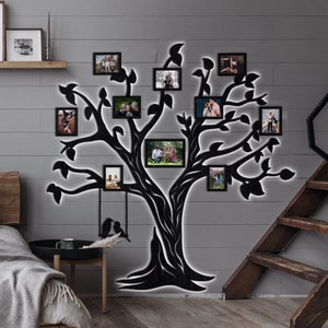 Led Family Tree Art, Wooden Family Tree With Photo Frames And Backlit, Collage Picture Frames, Grandparents Photo Collage