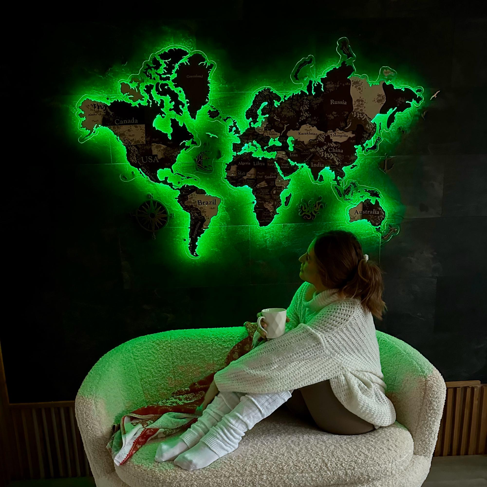 World Map With LED Lighting, Wooden Push Pin Map, 3D Led Backlight