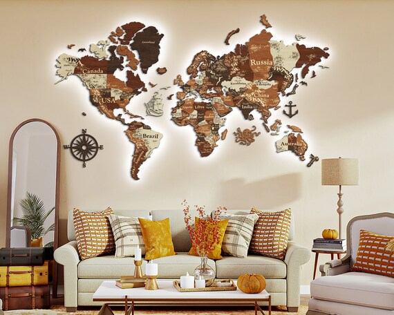 3D Wooden World Map Backlit Multicolor LED