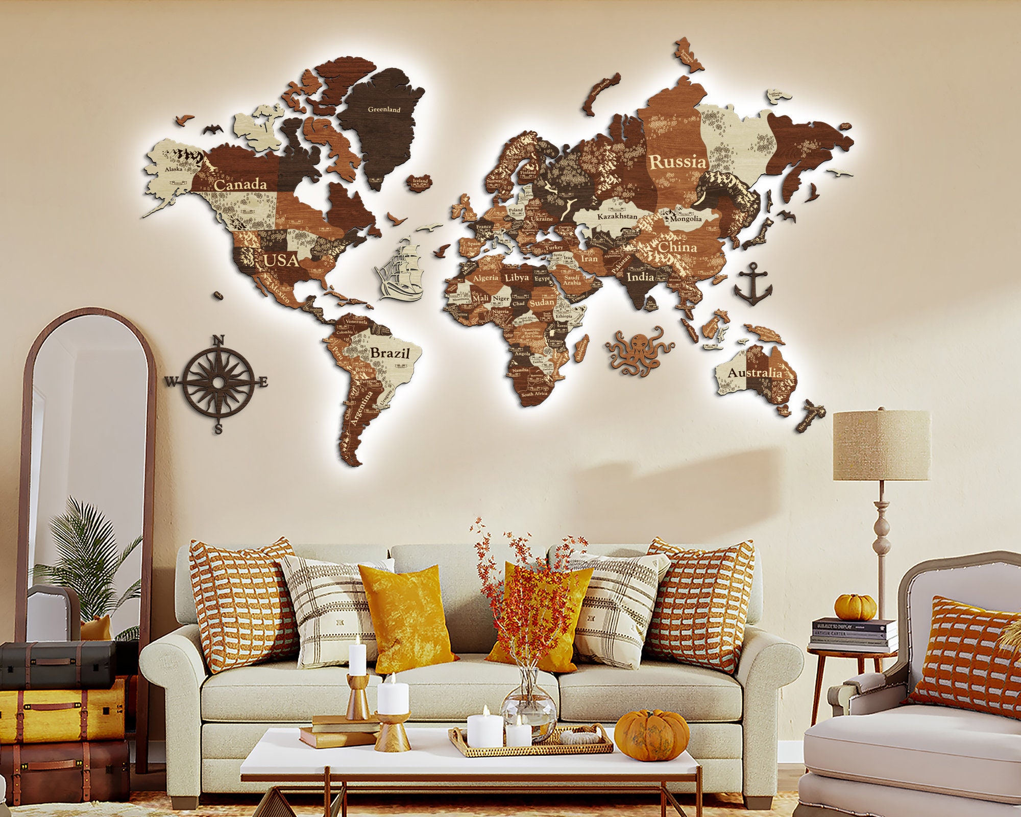 3D Wood World Map Wall Art Decor - Gift Boxed (XL Prime, Multicolor)