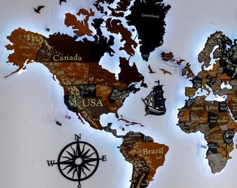 3D World Map,Wooden World Map With LED, LED World Map, Wooden World Map Wall Decor, Wood Map, Wall Art Decor, Wooden World Map
