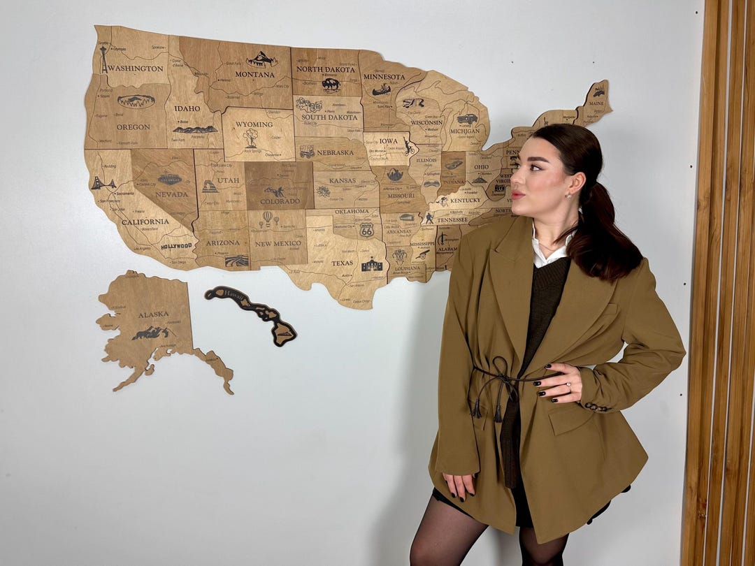 Push Pin Map, US Travel Map, USA Wooden Wall Map, Wood Map of United ...