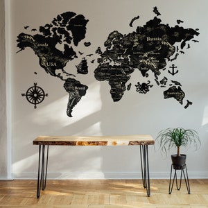Mapa del mundo de madera grande, mapa del mundo con chinchetas, arte mural de madera, regalo para amigos o colegas