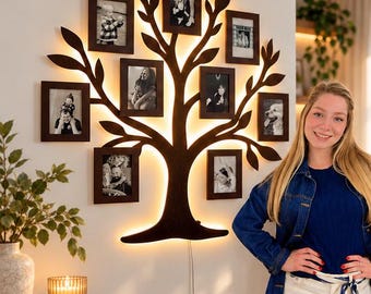 LED Wooden Family Tree Photo Collage, Night Light Wall Art