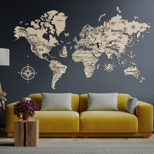 Grote reiskaart, houten kaart kunst aan de muur, houten muurkaart met push pins, houten wereldkaart, rustiek decor voor boerderij, jubileumcadeau