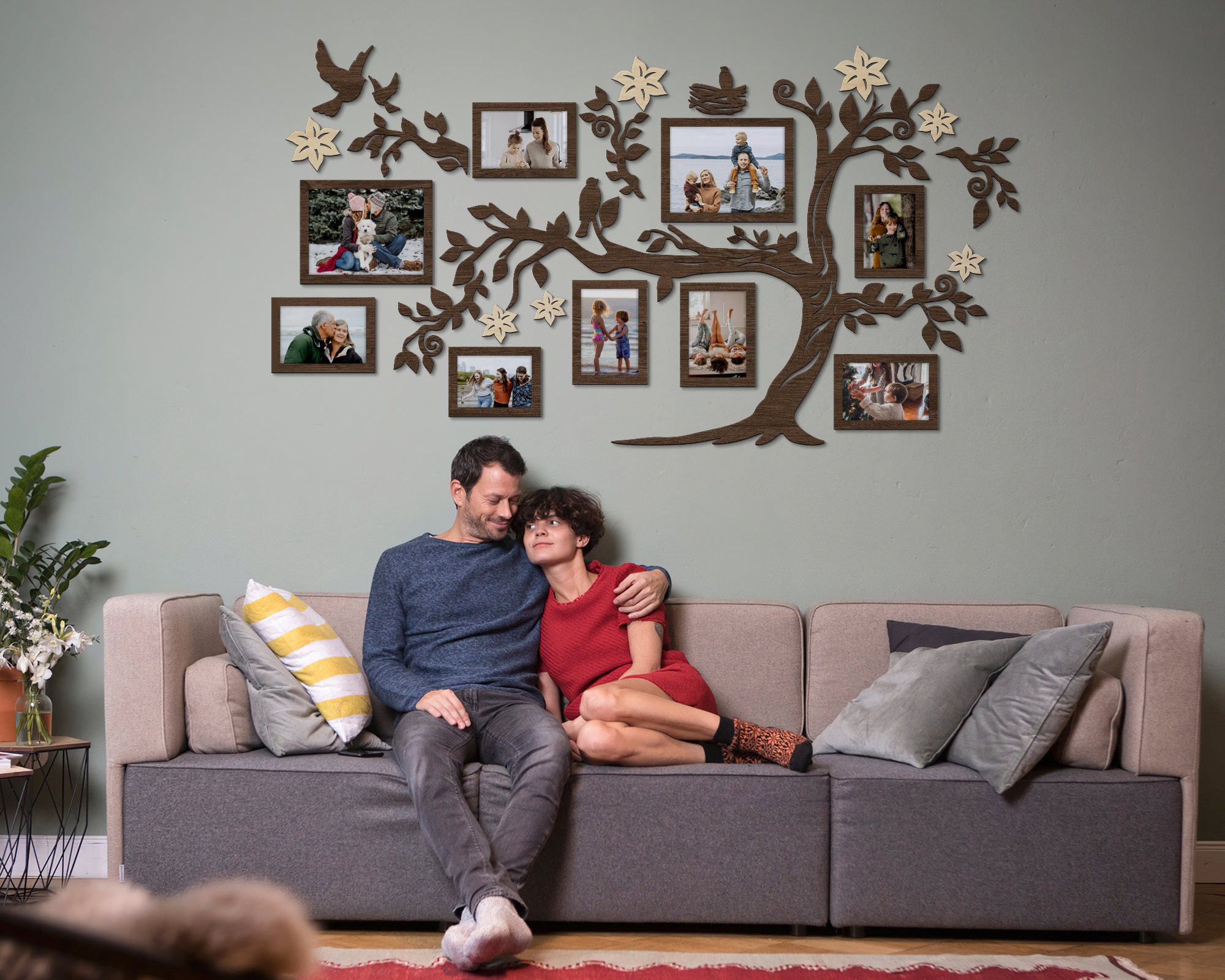 MODE HOME 26x27 Inch Family Tree Picture Frame Collage – Rustic Wall Decor With 8 Photo Slots (4x4 & 4x6), Farmhouse Style